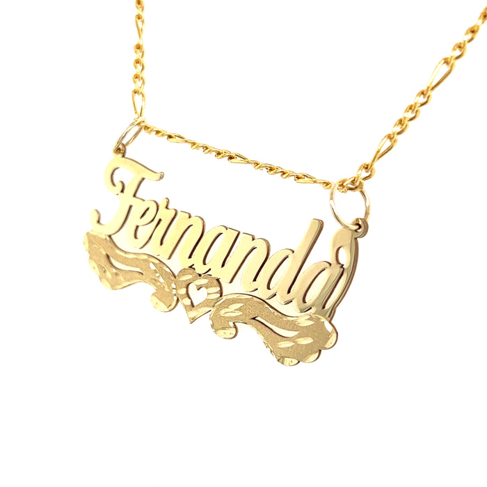 14k Gold Name Heart with Side Ribbon Cutout and Figaro Necklace