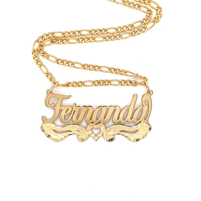 14k Gold Name Heart with Side Ribbon Cutout and Figaro Necklace