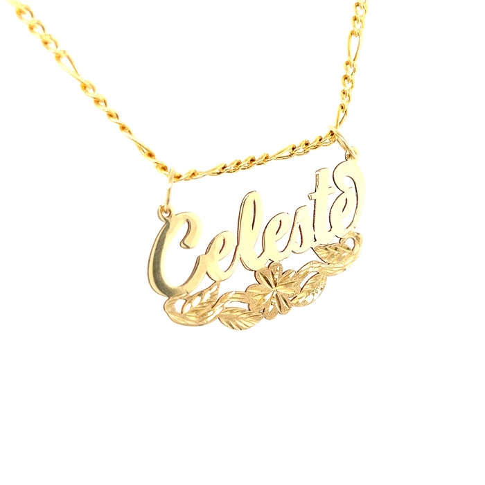 14k Gold Name with Bottom Flower Side Leaves and Figaro Necklace