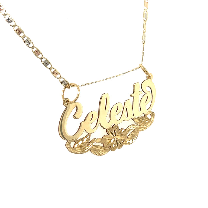 14k Gold Name with Flower Side Leaves and Valentino Necklace