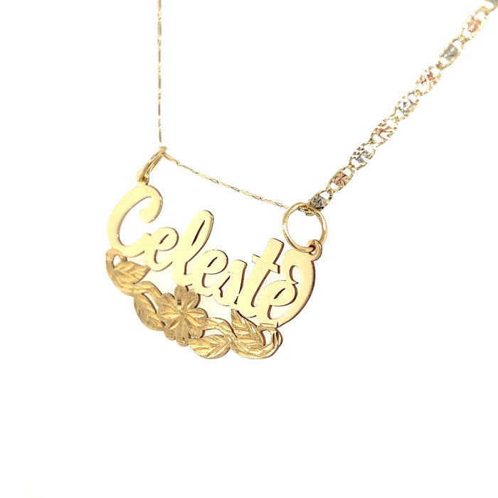 14k Gold Name with Flower Side Leaves and Valentino Necklace