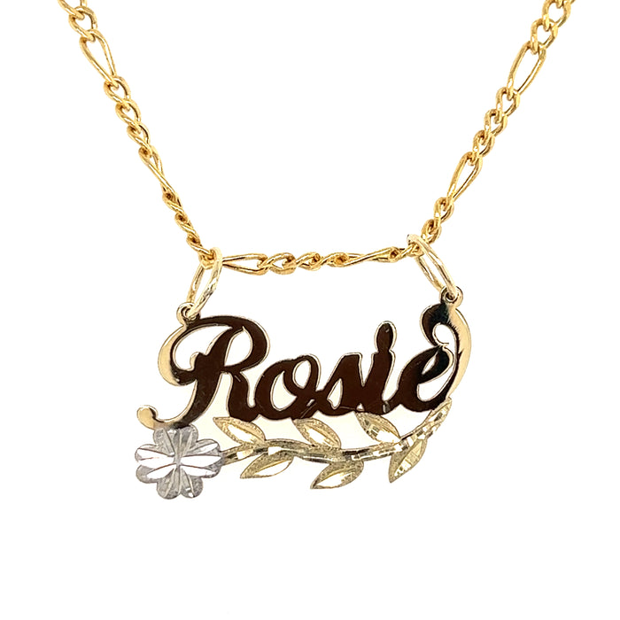 14k Gold Name with White Gold Flower and Figaro Necklace