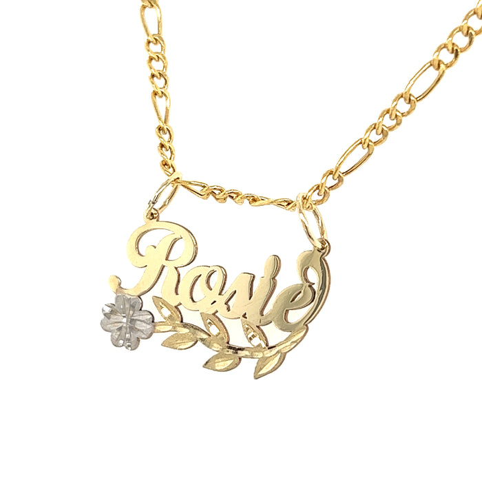 14k Gold Name with White Gold Flower and Figaro Necklace