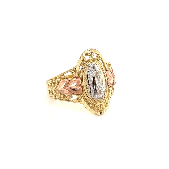 14k Oval Virgin Mary Ring with Side Hearts