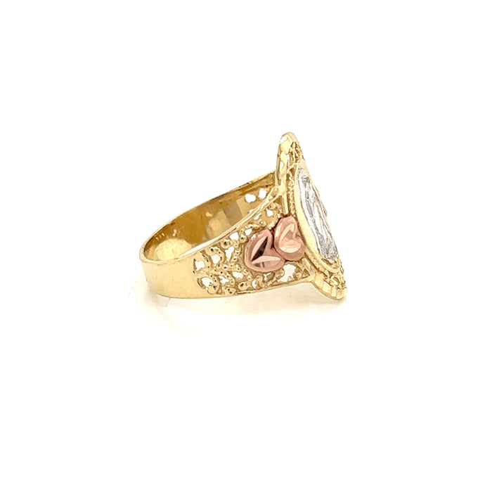 14k Oval Virgin Mary Ring with Side Hearts