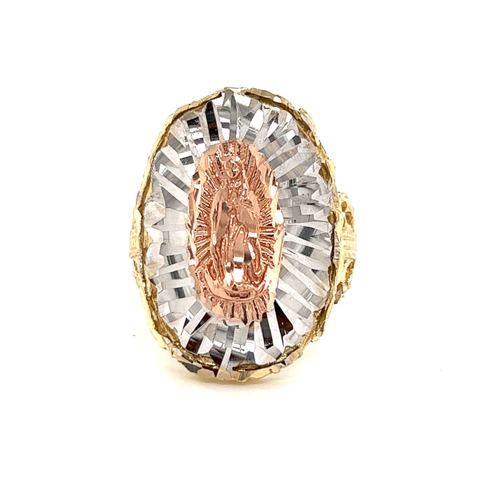 14k Virgin Mary Ring with White Gold Brilliant Background