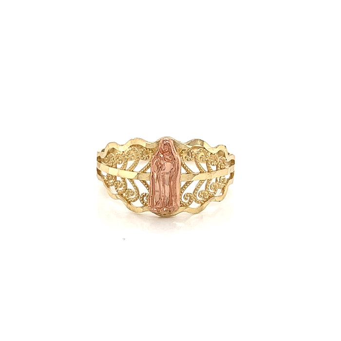 14k Virgin Mary Ring with Dotted Curled Background