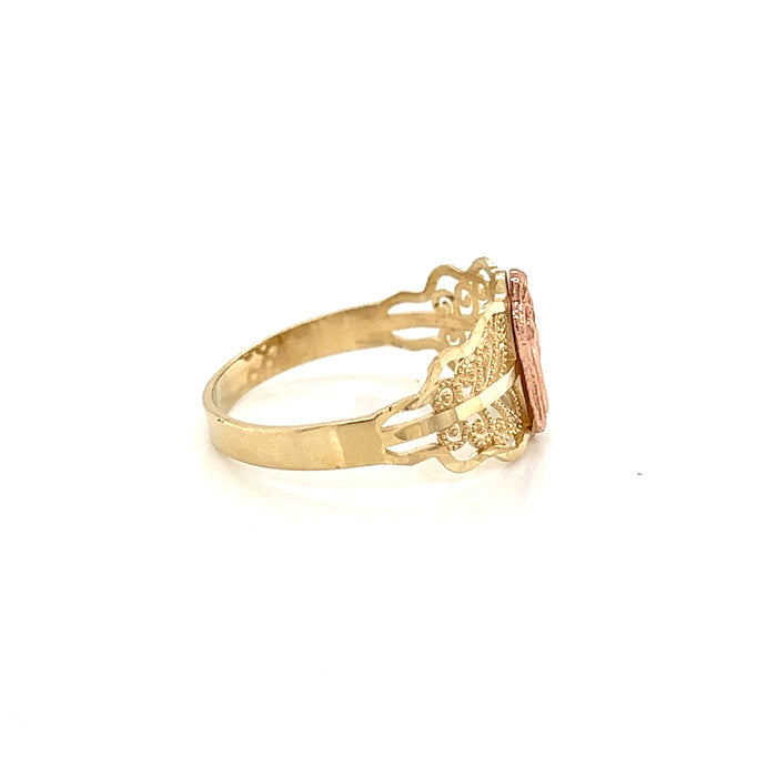 14k Virgin Mary Ring with Dotted Curled Background
