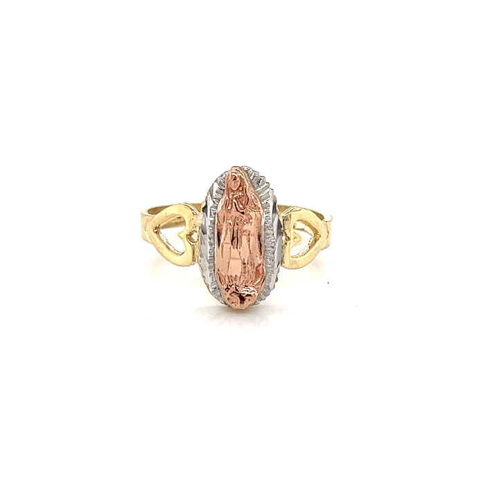 14k Virgin Mary Ring with Two Side Heart Cutouts and White Gold Background