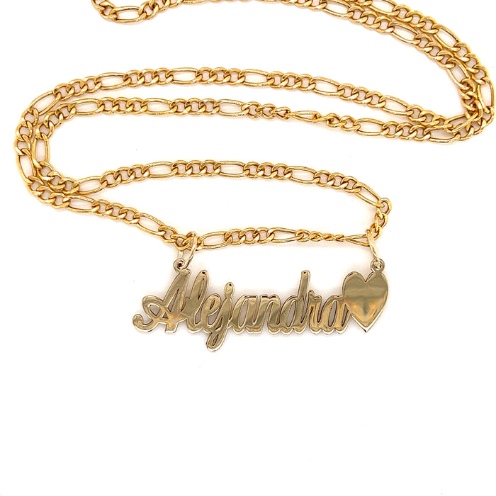 14k Cursive Gold Name with Side Heart and Figaro Necklace