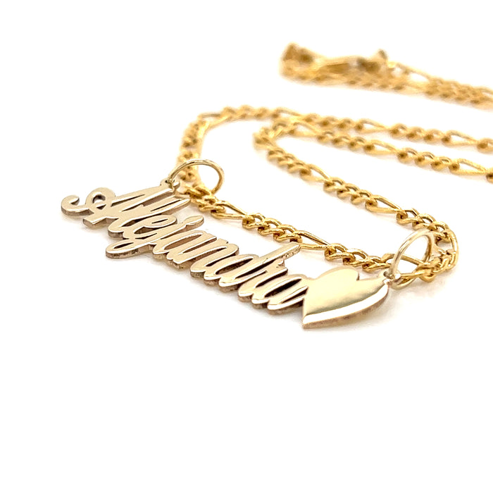 14k Cursive Gold Name with Side Heart and Figaro Necklace