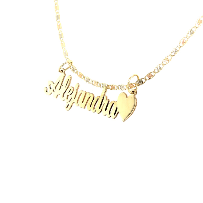 14k Cursive Gold Name with Side Heart and Valentino Necklace