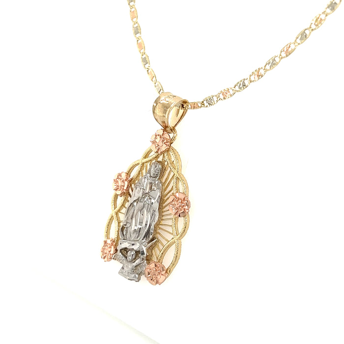 14k White Gold Virgin Mary Pendant with Valentino Necklace