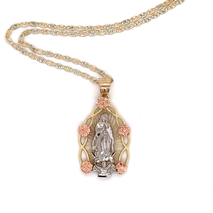 14k White Gold Virgin Mary Pendant with Valentino Necklace