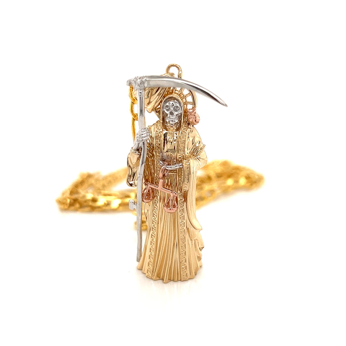 14k Large Fullbody Santa Muerte Pendant with Figaro Chain