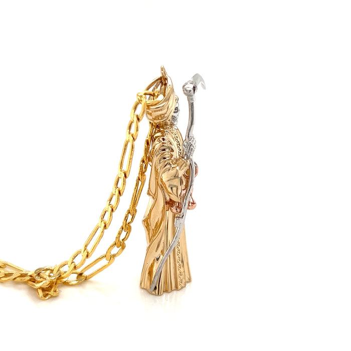 14k Large Fullbody Santa Muerte Pendant with Figaro Chain