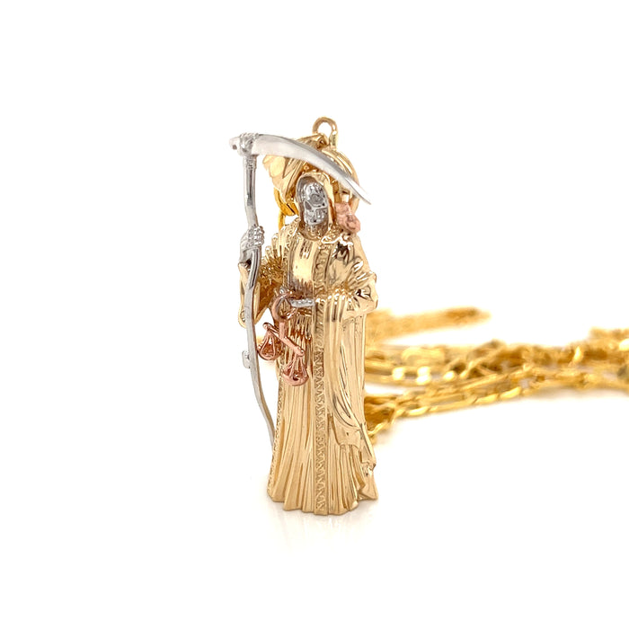 14k Large Fullbody Santa Muerte Pendant with Figaro Chain