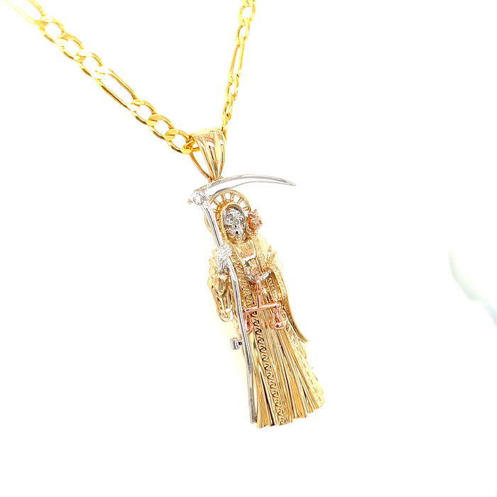 14k Large Fullbody Santa Muerte Pendant with Figaro Chain