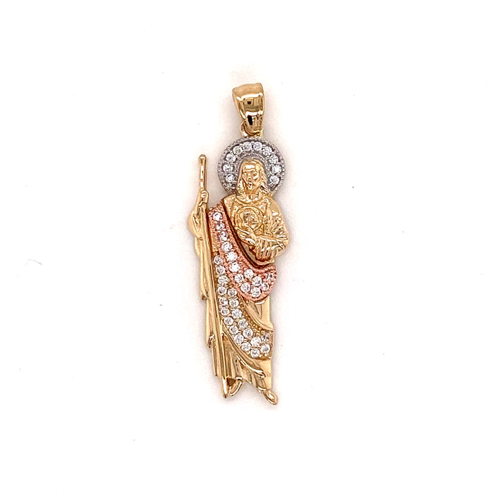 14k Medium San Judas Pendant with Gemstones on Tunic Halo and Figaro Necklace