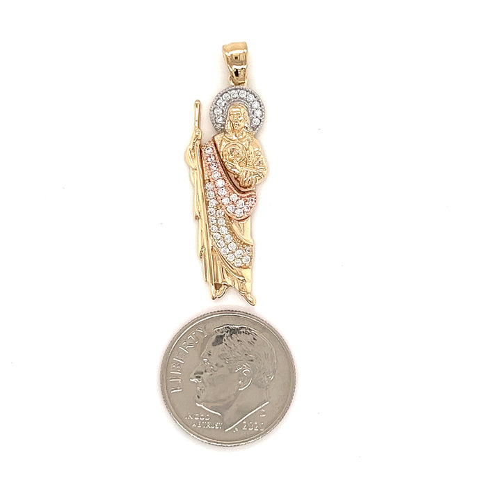 14k Medium San Judas Pendant with Gemstones on Tunic Halo and Figaro Necklace