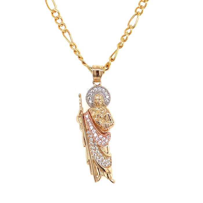 14k Medium San Judas Pendant with Gemstones on Tunic Halo and Figaro Necklace