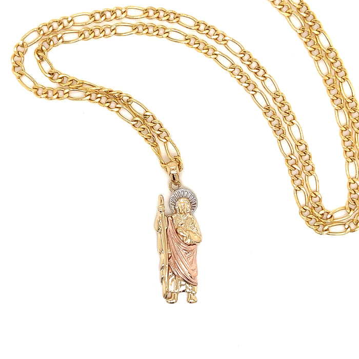 14k Small Tri Tone San Judas Pendant with Figaro Necklace