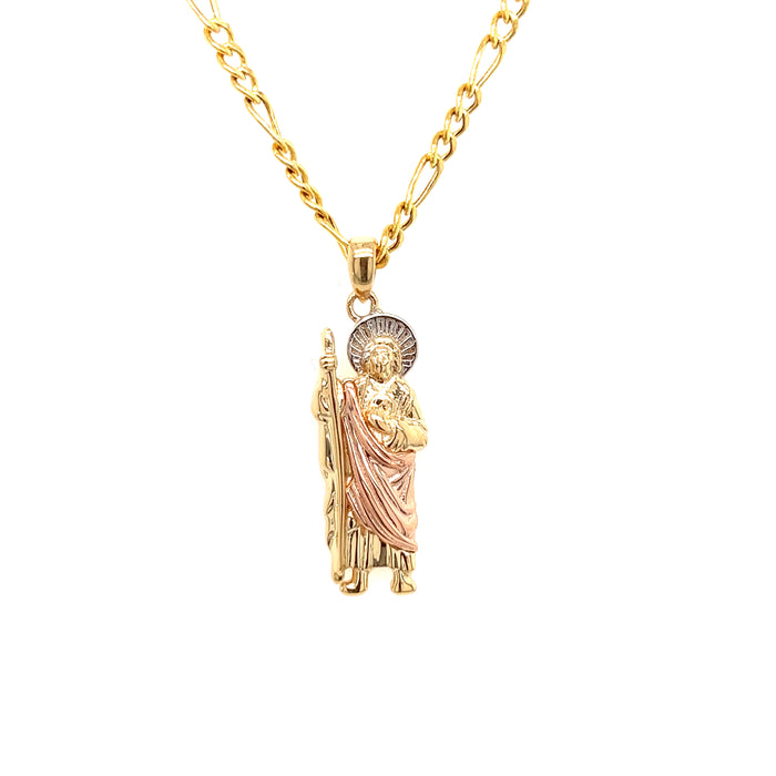 14k Small Tri Tone San Judas Pendant with Figaro Necklace