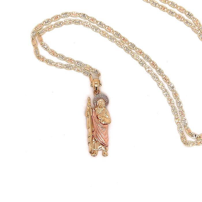 14k Small Tri Tone San Judas Pendant with Valentino Necklace