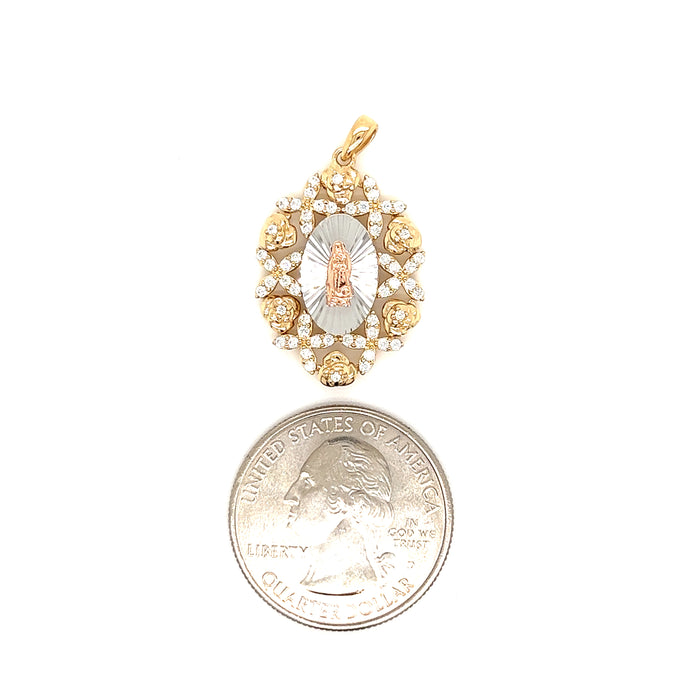 14k Virgin Mary Pendant with Surrounding Roses and Figaro Necklace