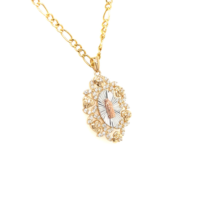 14k Virgin Mary Pendant with Surrounding Roses and Figaro Necklace