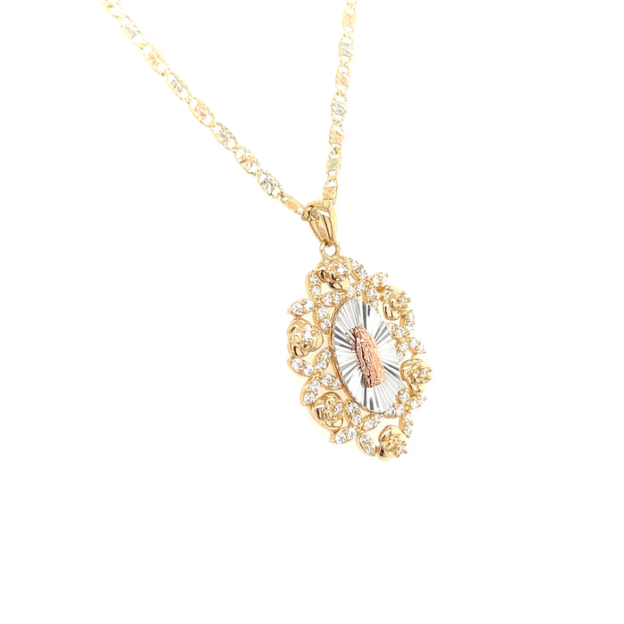 14k Virgin Mary Pendant with Surrounding Roses and Valentino Necklace