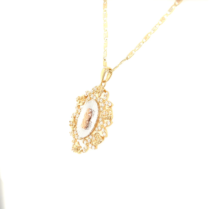 14k Virgin Mary Pendant with Surrounding Roses and Valentino Necklace