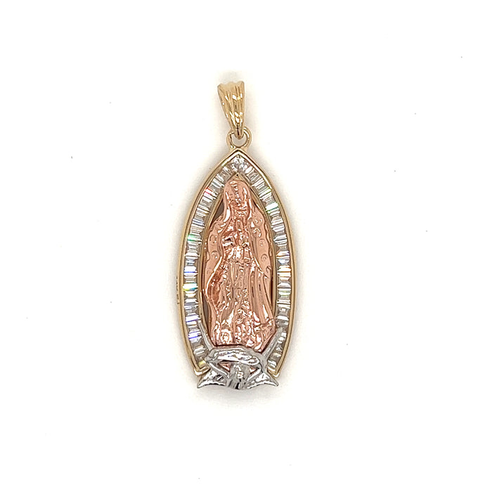 14k Gold Virgin Mary Pendant with Baguette Gemstones and Figaro Necklace