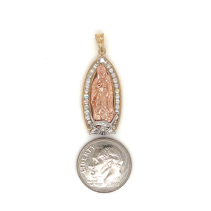 14k Gold Virgin Mary Pendant with Baguette Gemstones and Figaro Necklace