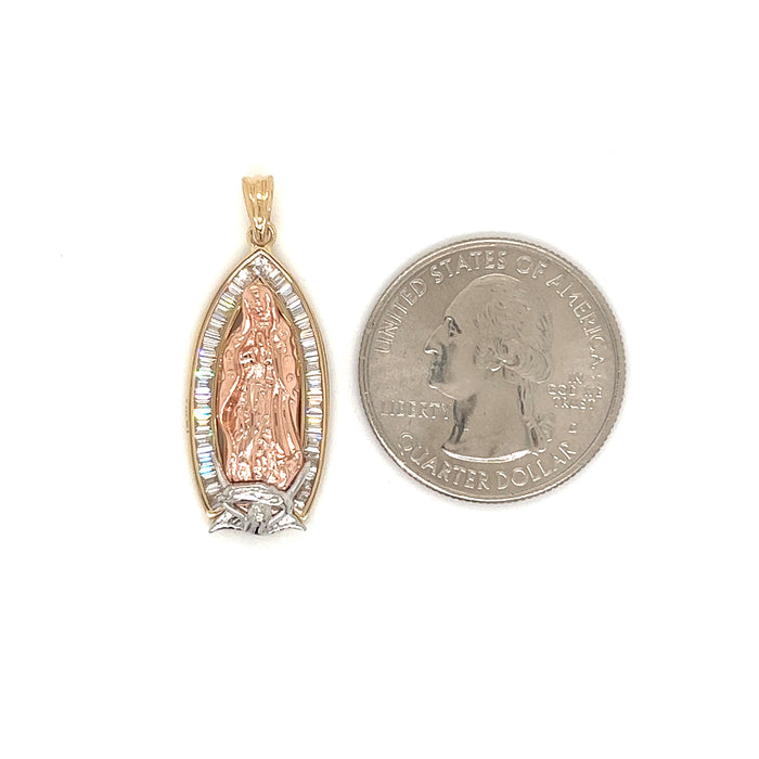 14k Gold Virgin Mary Pendant with Baguette Gemstones and Valentino Necklace