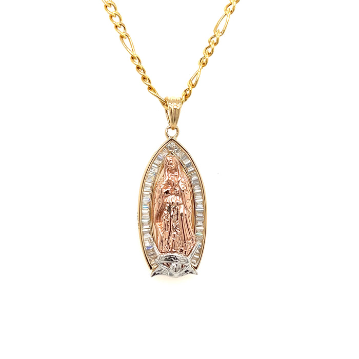 14k Gold Virgin Mary Pendant with Baguette Gemstones and Figaro Necklace