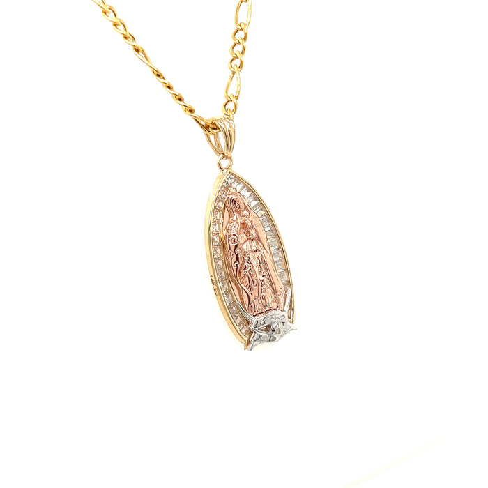 14k Gold Virgin Mary Pendant with Baguette Gemstones and Figaro Necklace