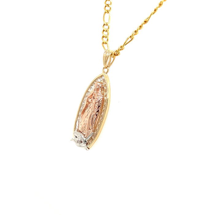 14k Gold Virgin Mary Pendant with Baguette Gemstones and Figaro Necklace