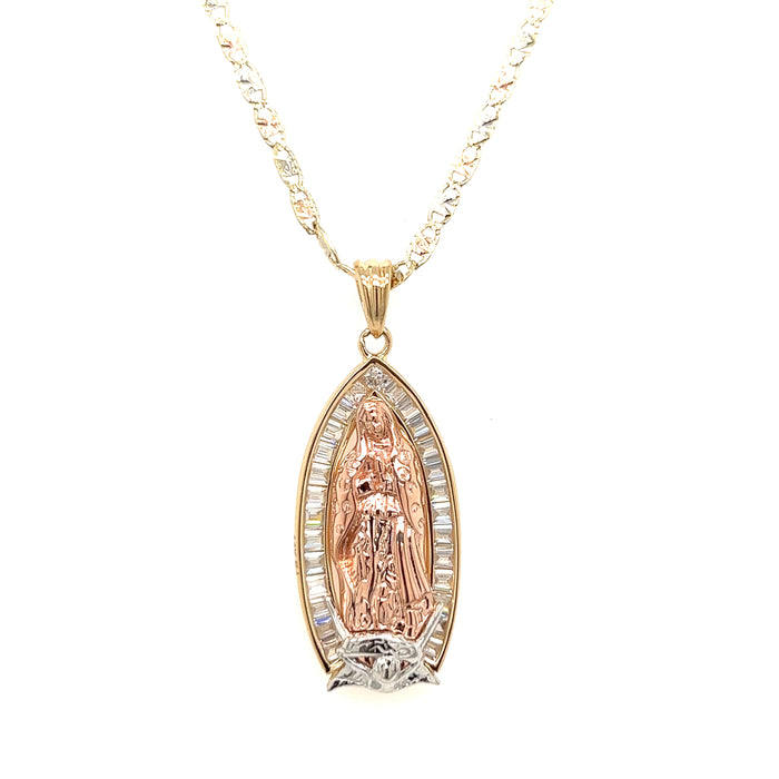 14k Gold Virgin Mary Pendant with Baguette Gemstones and Valentino Necklace