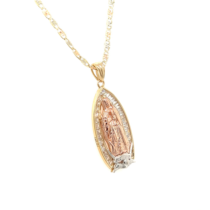 14k Gold Virgin Mary Pendant with Baguette Gemstones and Valentino Necklace