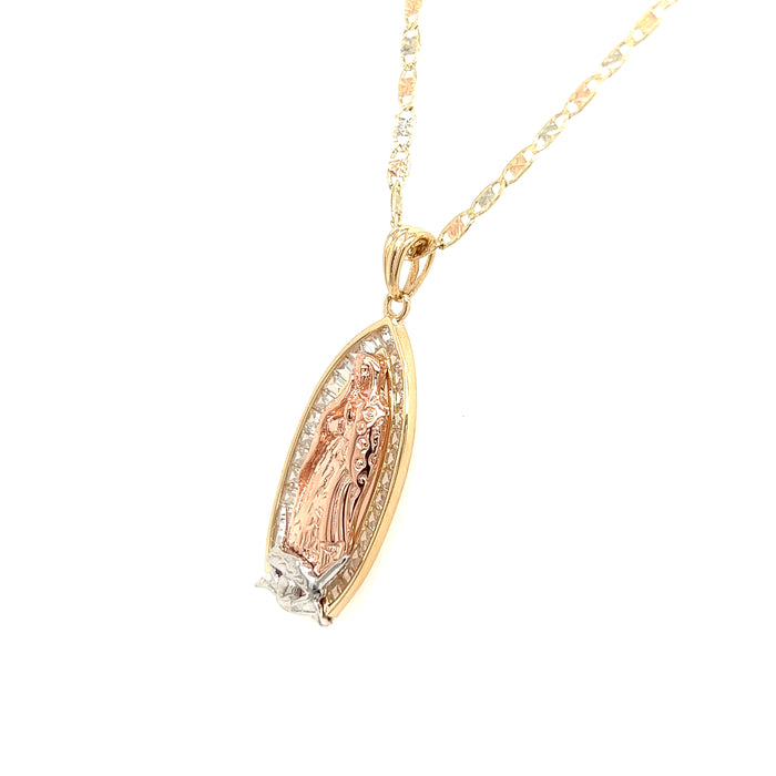 14k Gold Virgin Mary Pendant with Baguette Gemstones and Valentino Necklace