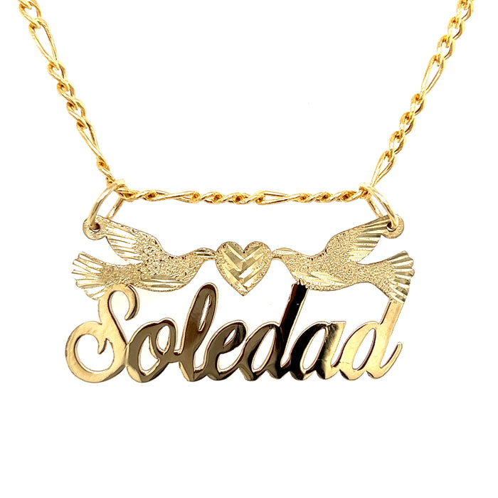 14k Gold Cursive Name with Center Heart Doves and Figaro Necklace