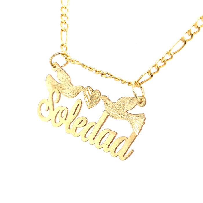 14k Gold Cursive Name with Center Heart Doves and Figaro Necklace