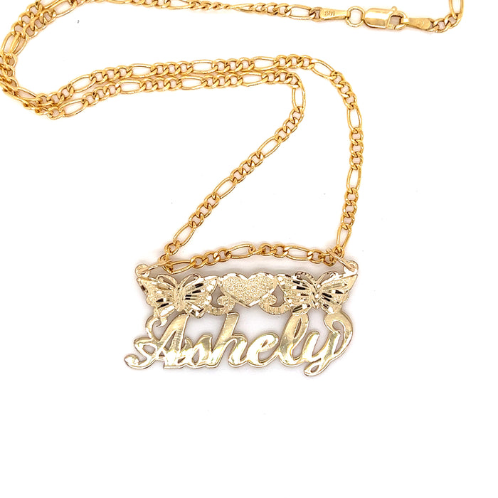 14k Cursive Gold Name with Butterflies and Center Top Heart and Figaro Necklace