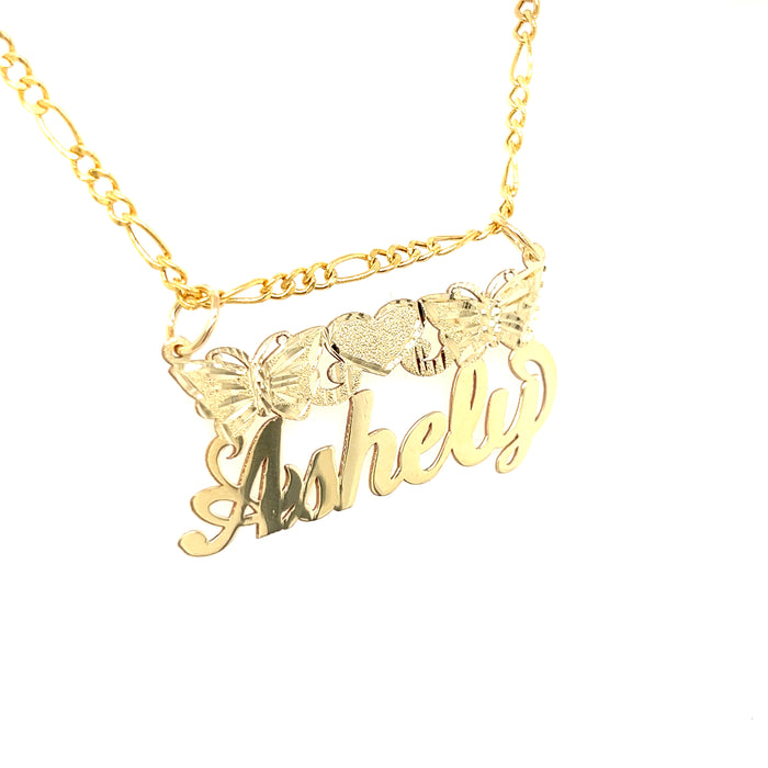 14k Cursive Gold Name with Butterflies and Center Top Heart and Figaro Necklace