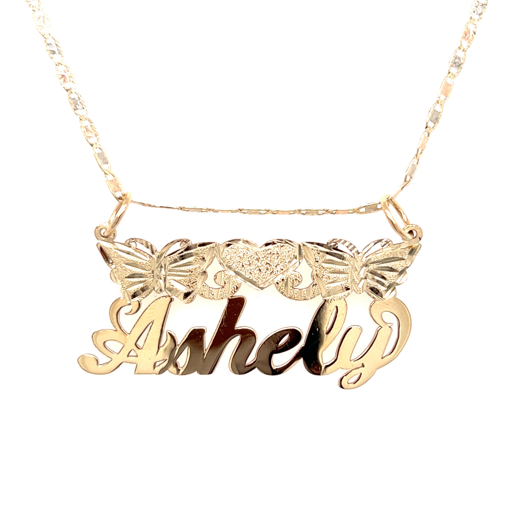 14k Cursive Gold Name with Butterflies and Center Top Heart and