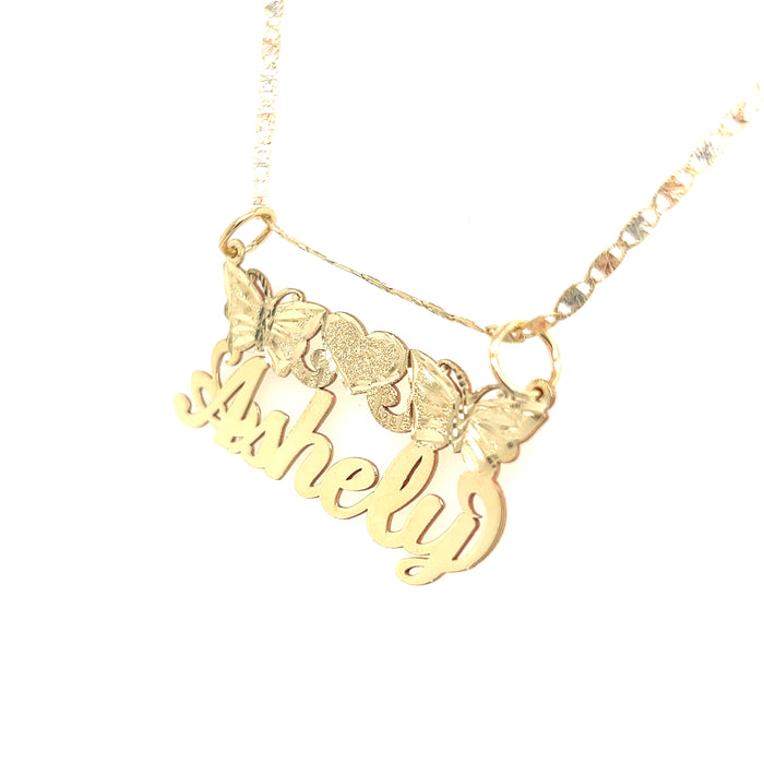 14k Cursive Gold Name with Butterflies and Center Top Heart and Valentino Necklace