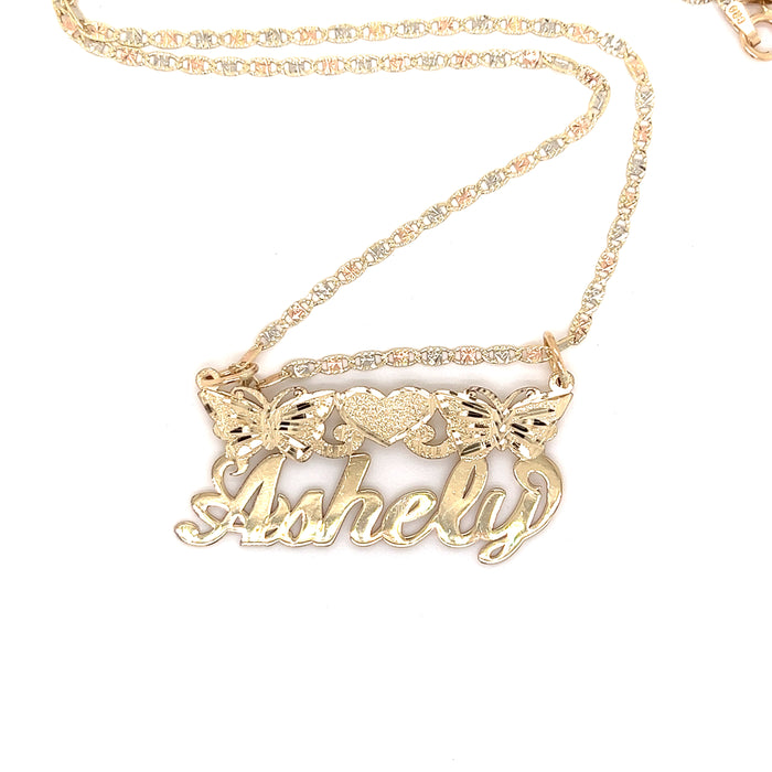 14k Cursive Gold Name with Butterflies and Center Top Heart and