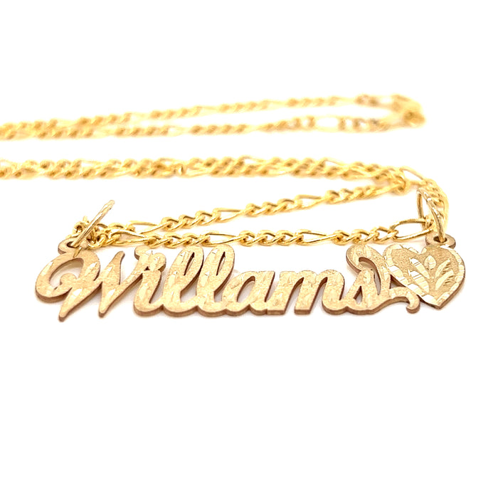14K Gold Name Brushed Finish and Diamond Cut Letters with Figaro Necklace