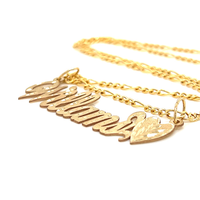 14K Gold Name Brushed Finish and Diamond Cut Letters with Figaro Necklace
